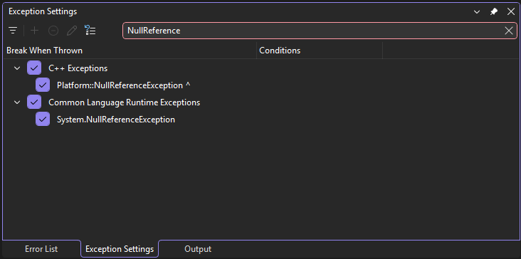 Captura de pantalla que muestra el cuadro de diálogo Configuración de excepciones.