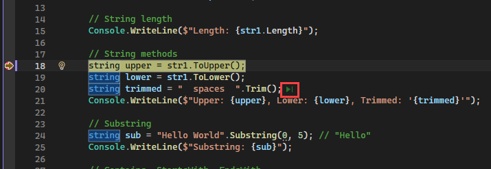 Captura de pantalla del depurador de Visual&nbsp;Studio en la que se muestra el botón Ejecutar hasta clic justo a la derecha de una llamada a función.