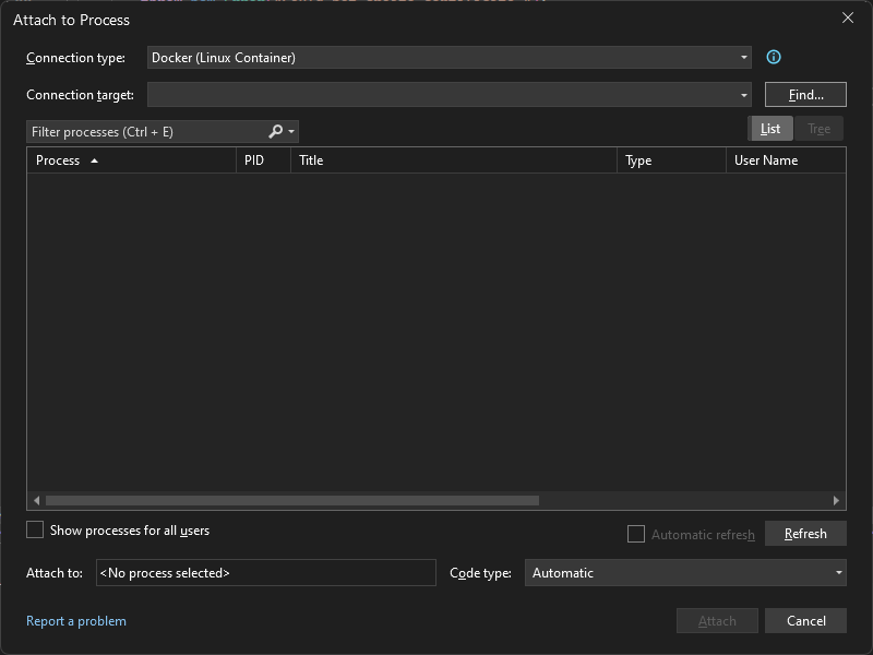 Recorte de pantalla del cuadro de diálogo Asociar al proceso en Visual&nbsp;Studio en la que se muestra un tipo de conexión Docker (contenedor de Linux).