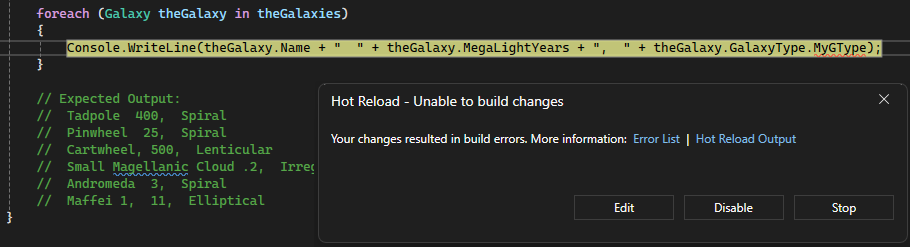 Captura de pantalla del depurador de Visual Studio con una línea de código resaltada en rojo y un cuadro de mensaje con la opción Editar seleccionada.