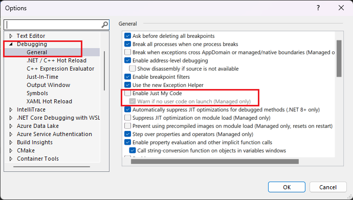 Captura de pantalla de los ajustes de depuración de Visual Studio.