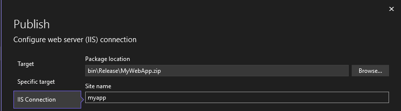 Recorte de pantalla que muestra la pantalla del Asistente para publicar en IIS con la opción Web Deploy Package.