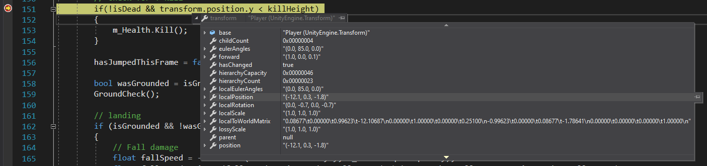 Captura de pantalla Visual&nbsp;Studio detenido en un punto de interrupción inspeccionando variables.
