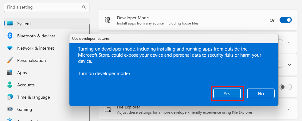 Captura de pantalla que muestra el cuadro de diálogo Configuración con la opción para habilitar el modo de desarrollador.