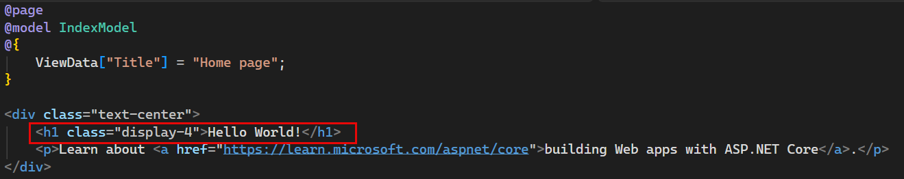 Captura de pantalla que muestra el archivo Index.cshtml en el editor de Visual Studio Code con el texto 