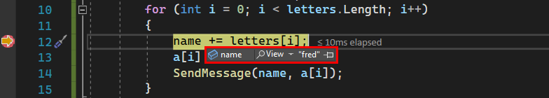 Captura de pantalla de una sugerencia de datos del depurador de Visual&nbsp;Studio&nbsp;2022 que muestra el valor de cadena de la variable 