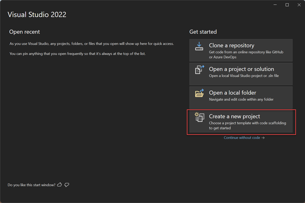 Captura de pantalla de la opción Crear un nuevo proyecto en la ventana de inicio de Visual Studio 2022.