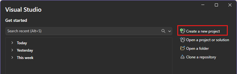 Captura de pantalla que muestra la opción Crear un nuevo proyecto en la ventana de inicio de Visual Studio.