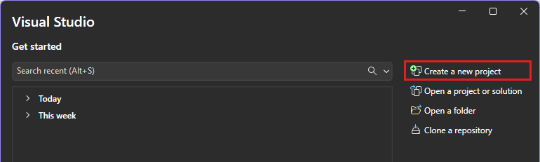 Captura de pantalla del menú inicio de Visual Studio con Crear un nuevo proyecto seleccionado.