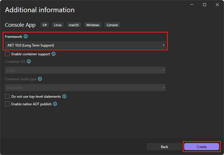 Screenshot del cuadro de diálogo Información adicional que muestra .NET 10.0 seleccionado como marco de destino para el nuevo proyecto en Visual Studio.