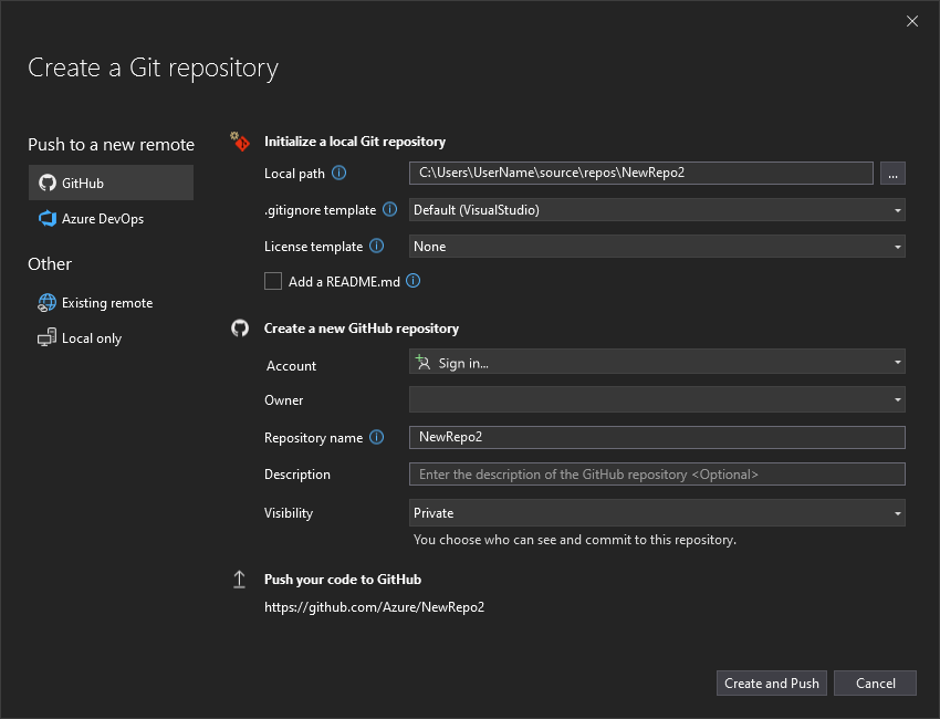 Captura de pantalla de la ventana de diálogo Crear un repositorio de Git, donde puede iniciar sesión en GitHub.