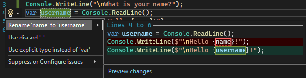 Screenshot que muestra la acción Cambiar nombre en Visual Studio 2022.