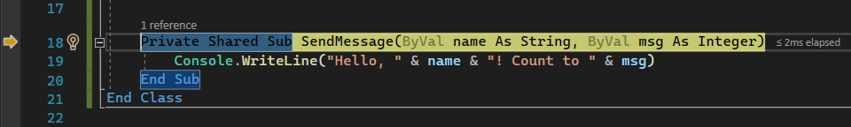 Captura de pantalla que muestra una sesión de depuración en el editor de Visual Studio Code con la ejecución en pausa después de entrar en el método 
