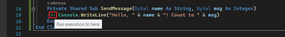 Captura de pantalla que muestra el botón Run to Click con el tooltip resaltado en el lado izquierdo de la ventana del editor de código.