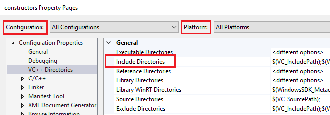 Captura de pantalla que muestra la opción Incluir directorios en la sección Propiedades de configuración.