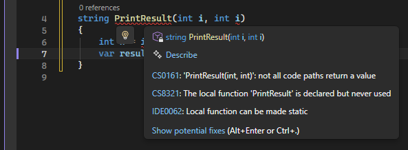 Captura de pantalla que muestra la recomendación básica de acción rápida y el icono de bombilla en Visual Studio.