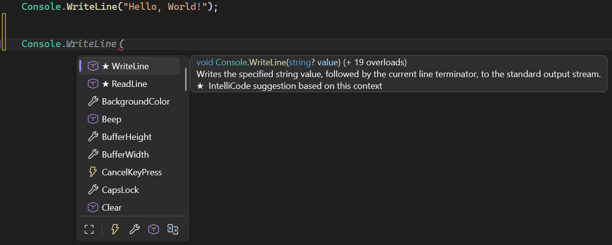 Captura de pantalla de la característica de miembros de lista de IntelliSense.
