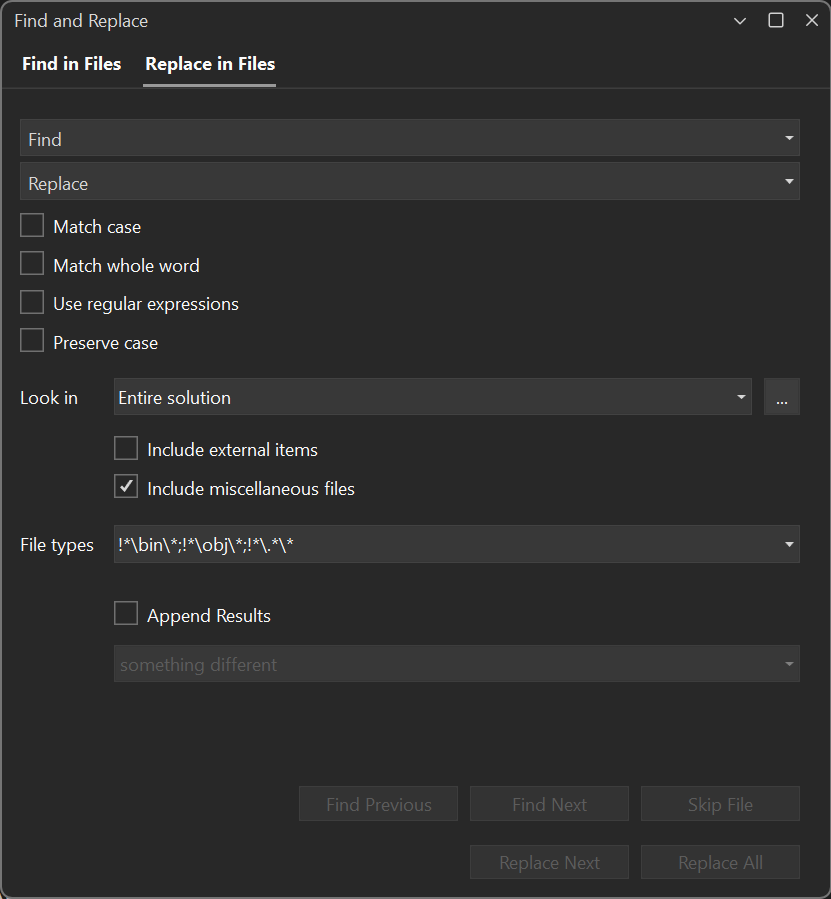 Captura de pantalla del cuadro de diálogo Buscar y reemplazar en Visual Studio. La pestaña Reemplazar en archivos está abierta.