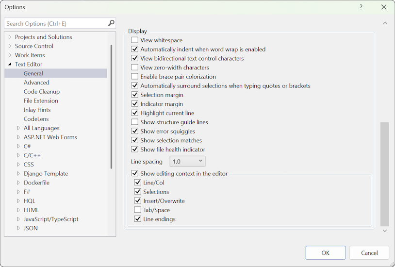 Captura de pantalla de la configuración de visualización del Editor de texto en el cuadro de diálogo Opciones de herramientas.