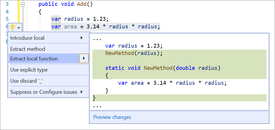 Captura de pantalla de la ventana de código Visual Studio con una línea resaltada. El menú Acciones rápidas y refactorizaciones está abierto y la función local Extraer está seleccionada.