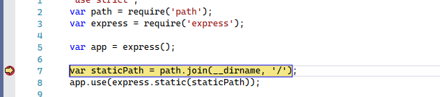 Captura de pantalla de la ventana de Visual Studio Code que muestra código JavaScript. Un punto rojo en el margen izquierdo con flecha amarilla indica la pausa de ejecución del código.