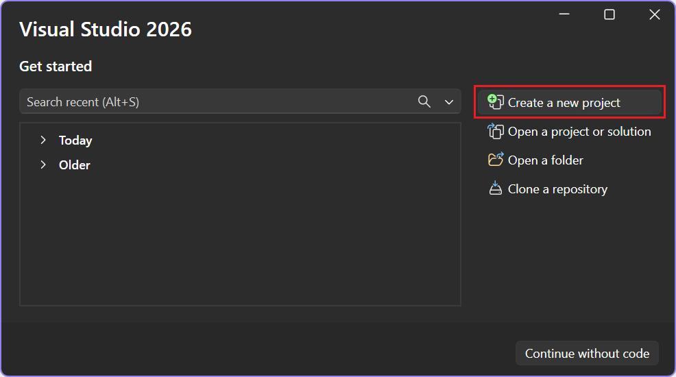Captura de pantalla en la que se muestra cómo crear un nuevo proyecto