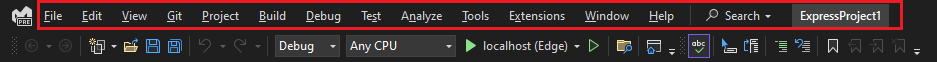  Captura de pantalla de la barra de menús de Visual Studio 2022.
