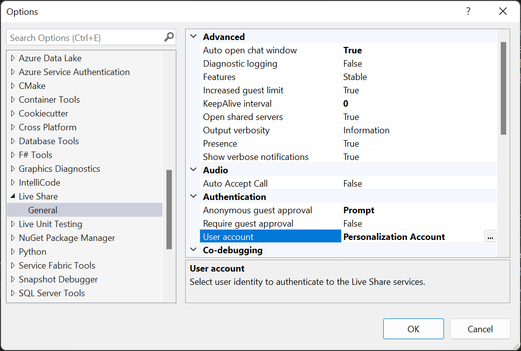 Screenshot que muestra las opciones de herramientas de Visual Studio para Live Share.