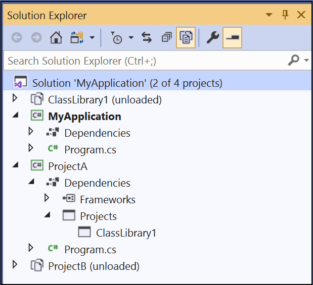 Captura de pantalla de la solución filtrada en Visual Studio