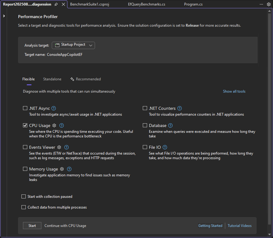 Captura de pantalla de Performance Profiler.