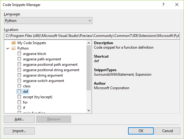 Captura de pantalla que muestra el Administrador de fragmentos de código en Visual Studio.