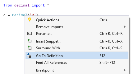 Captura de pantalla que muestra el comando Ir a definición en Visual Studio.