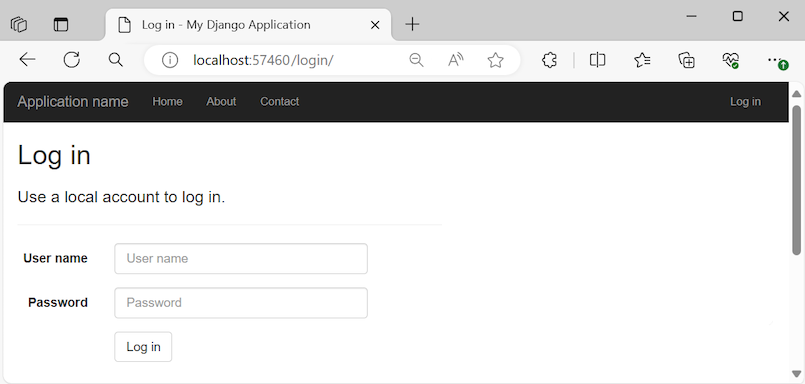 Captura de pantalla que muestra la página De autenticación de inicio de sesión del superusuario en la aplicación web de Django en ejecución.