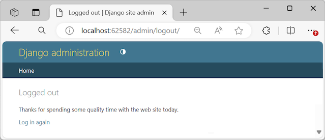 Captura de pantalla que muestra la página Cerrar sesión después de que el superusuario cierra sesión en el sitio administrativo de Django.