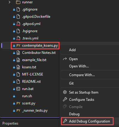 Screenshot que muestra cómo seleccionar la opción Agregar configuración de depuración para un archivo seleccionado en Visual Studio.