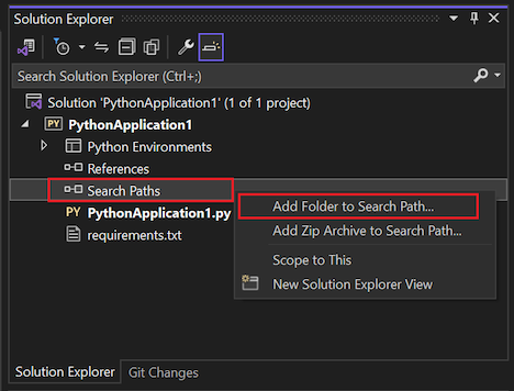 Captura de pantalla que muestra cómo acceder al comando Agregar carpeta a ruta de búsqueda en Rutas de acceso de búsqueda para un proyecto de Python en Explorador de soluciones.