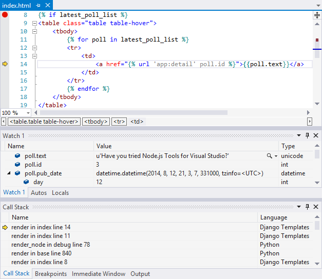 Captura de pantalla que indica los puntos de interrupción del depurador usados en el desarrollo de Django en Visual Studio.