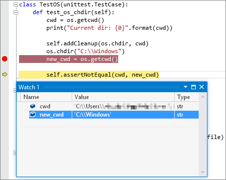 Captura de pantalla que muestra la salida de depuración de una prueba unitaria de Python en Visual Studio.