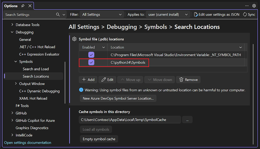 Captura de pantalla que muestra cómo especificar la ubicación de los símbolos del depurador en modo mixto de Python.
