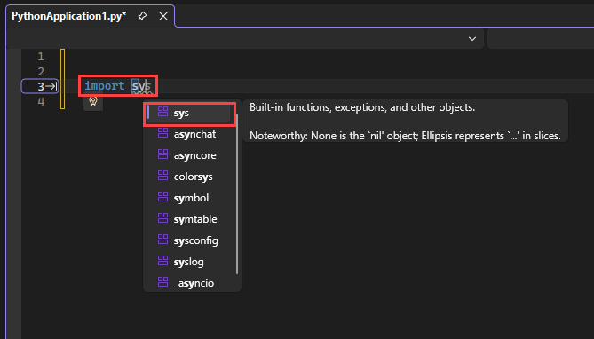 Captura de pantalla que muestra cómo IntelliSense muestra los módulos disponibles para una instrucción de importación en el editor de Visual Studio.