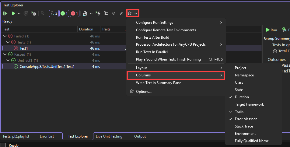 Captura de pantalla de Visual Studio Explorador de pruebas que muestra un menú con Columnas seleccionadas y un submenú con Duración, Rasgos y Mensaje de error seleccionado.
