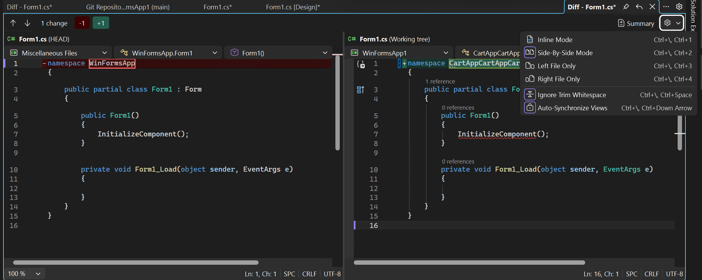 Captura de pantalla que muestra la comparación de línea a línea de las versiones de archivo en Visual Studio.