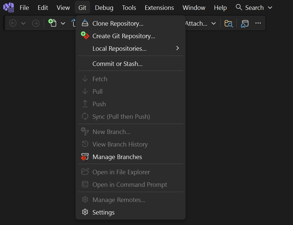 Captura de pantalla que muestra la opción Clonar repositorio completa en el menú Git de Visual Studio.