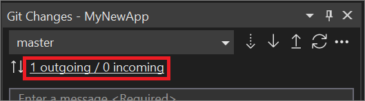 la ventana Cambios de Git con el texto del vínculo saliente o entrante resaltado en Visual Studio 2022.