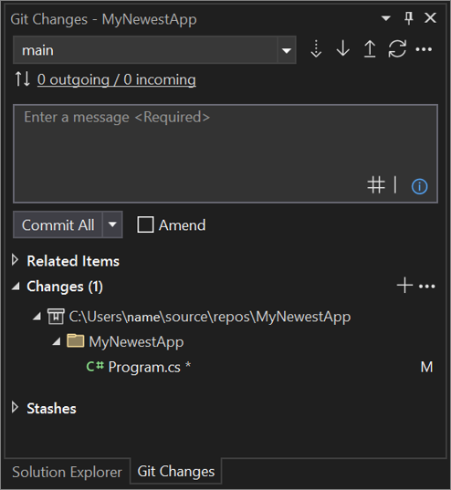 la ventana Cambios de Git en Visual Studio 2022.