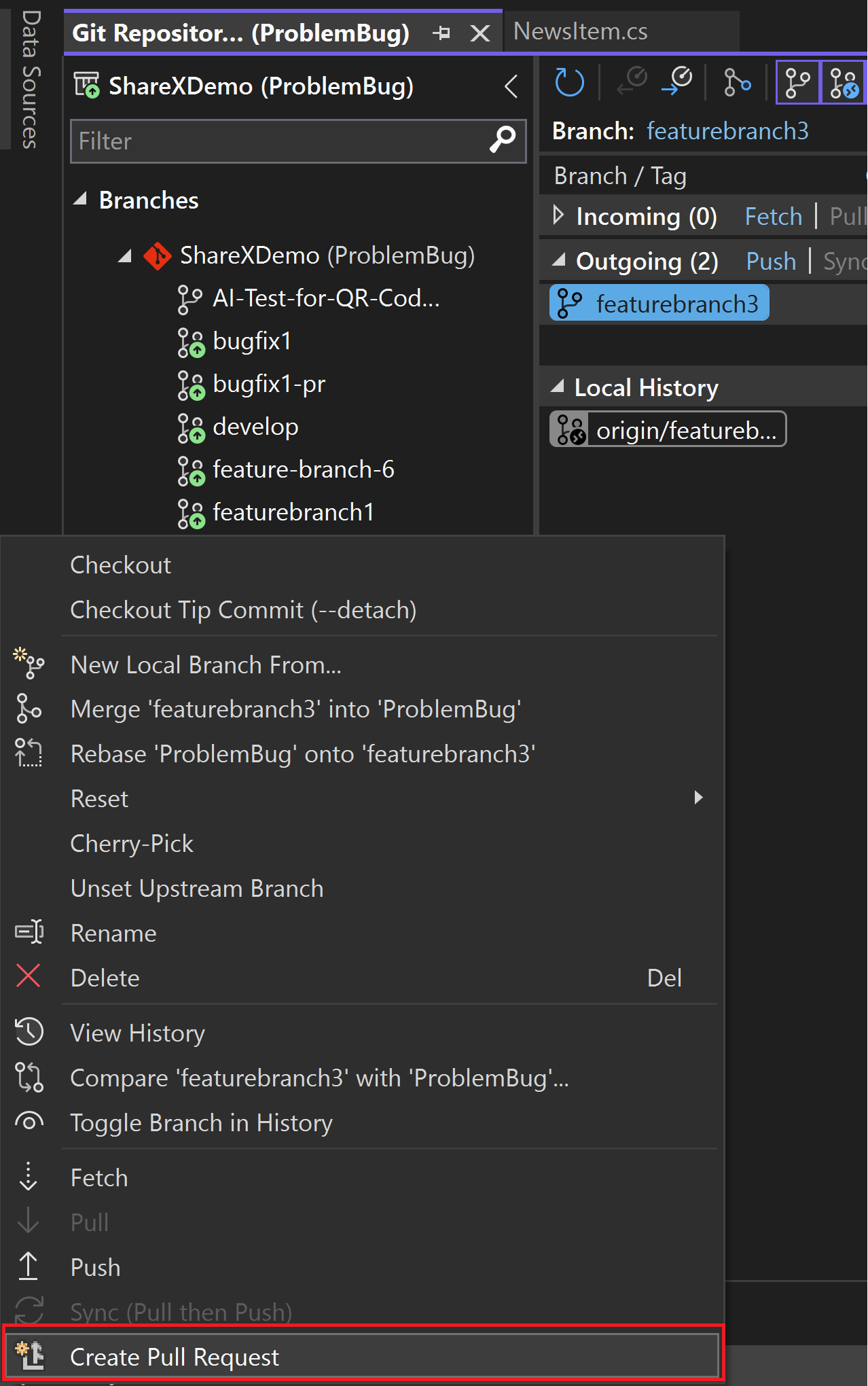 la ventana Repositorio de Git con el texto del vínculo saliente o entrante resaltado en Visual Studio 2022.
