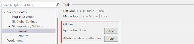 Captura de pantalla que muestra la sección para agregar el archivo gitignore y Editar el archivo gitattributes en el repositorio.