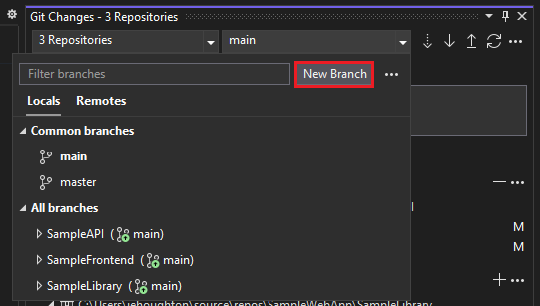 Captura de pantalla del botón Nueva rama en Visual Studio.