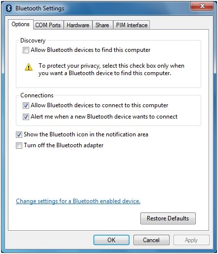 Captura de pantalla de la pestaña Opciones del cuadro de diálogo Configuración de Bluetooth, en la que se muestra la casilla 