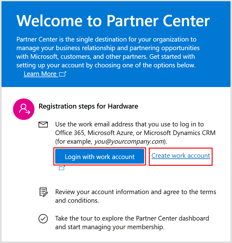 Captura de pantalla de la página del Centro de partners de Microsoft para el proceso de registro del Programa para desarrolladores de hardware. El botón **Iniciar sesión con cuenta profesional** está seleccionado.